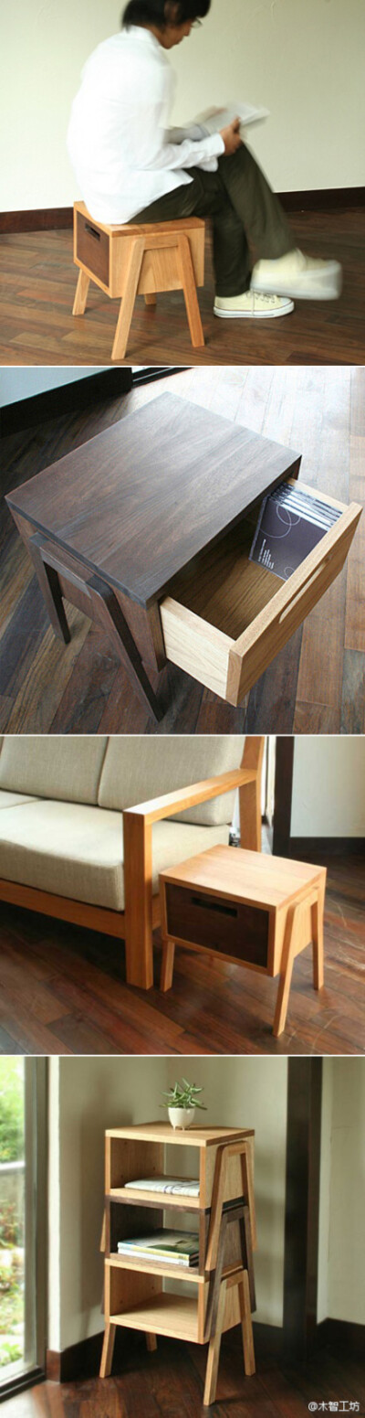 既是边桌，也是矮凳，还可以堆放起来成为一个置物架。设计师Daisuke Shimizu的作品Tokotoko stool。