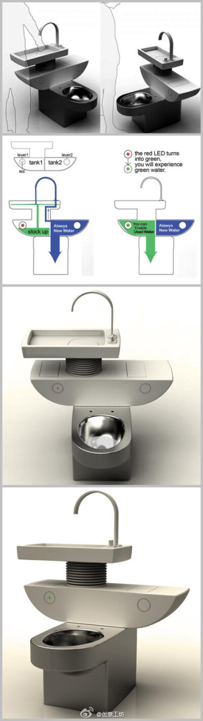 节水马桶】由Jang Woo-seok带来的一个水资源再利用的设计，将洗手池和马桶连接在一起，洗手后的水会流入到马桶的其中一个水箱，待装满时，红色的LED灯会变为绿色，提醒可用这部分水来冲马桶。另一个水箱则连接普通水…