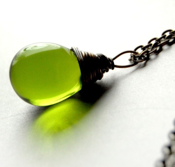 large olive, lime, vintage glass wire wrapped teardrop pendant