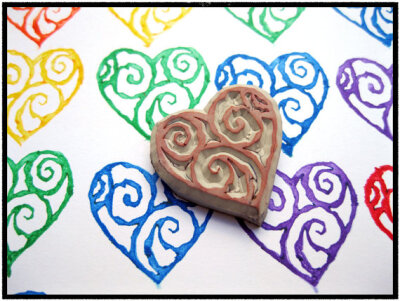 Swirly Heart Hand Carved Rubber Stamp