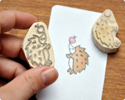 Hedgehog with apple hand carved rubber stamps