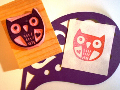 Owl with heart - hand carved rubber stamp