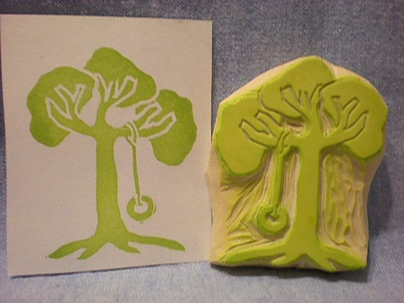 tree with tire swing rubber stamp, hand carved, rubber stamp