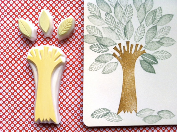 TREE with 3 leaves - hand carved rubber stamp set (lrs-t3l)