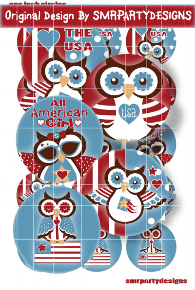 4th of July Owl Bottle Cap Image 1 inch circles USA owls Collage Digital bottlecap image sheet Hair Bow Supplies B2GO Free