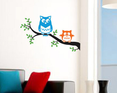 Owl wall decal - cute OWLS on a tree branch. Birds nursery decal, kids room owl decal sticker - 23.5