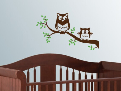 Wall decal - Owls on a branch 2 colors, nursery decal 14H x 24W