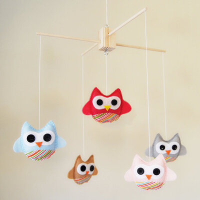 Customized Hanging Baby Owl Mobile with designer STRIPED fabric- CHOOSE your own COLORS