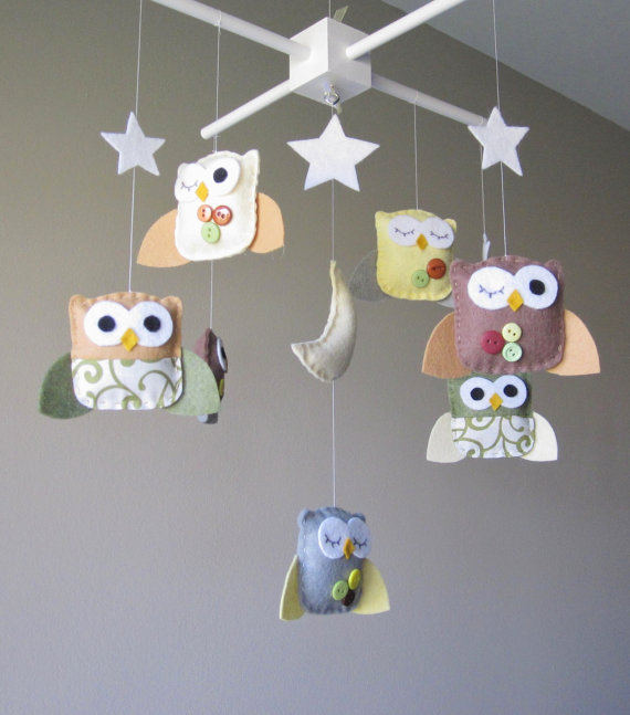 Baby Crib Mobile - Musical Baby Mobile - Owl Baby Mobile - Mobile Owls - Nursery Mobile - Neutral Mobile - You can pick your colors :)