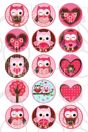 Valentine Cute Owls 1 Inch  Digital Circles Design 4x6-15 Images- 4