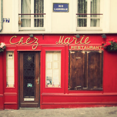 Chez Marie, Paris Photo, Romantic Travel Photograph, Valentine, Bistro Restaurant in Red and Creamy White