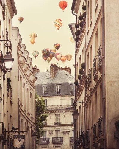 Paris photograph - Paris is a feeling - Hot air balloons over romantic Paris street - Fine art travel photography