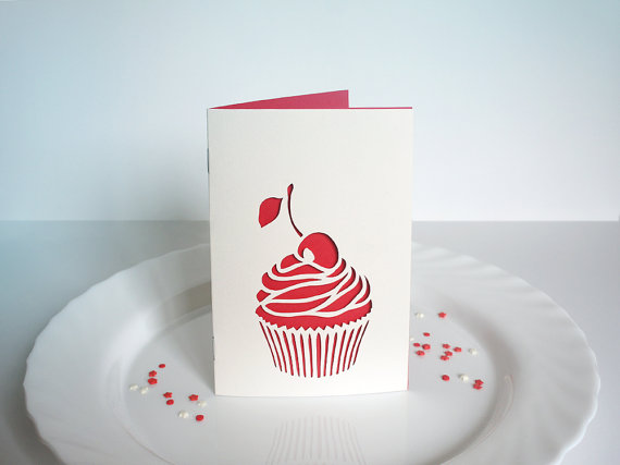 Cherry cupcake papercut greetings card - hand cut card - 4 x 6 inches