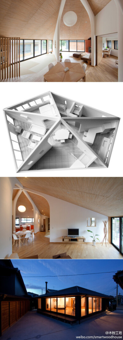 日本建筑师森田一弥设计，建筑面积不到90方的木结构小屋，被称为“五角大楼”，这种中心突出的内向型平面布局导致室内空间非常温馨。