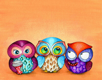 Autumn Owl Trio - Painting by Annya Kai - Colorful Fabric Birds with Berries and Starbucks Coffee