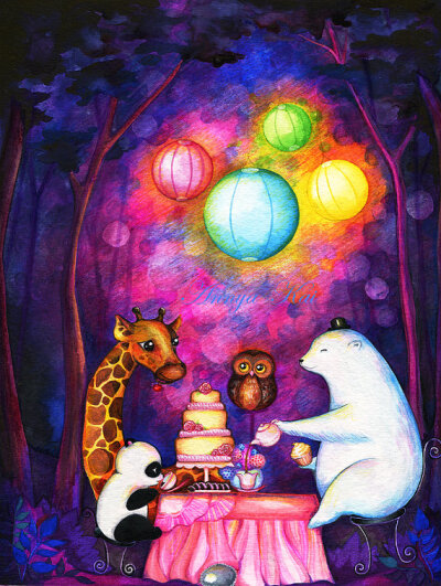 Animal FriendsTea Party - NEW Painting by Annya Kai - Giraffe Panda Polar Bear Bunny and Owl for Nursery or Kids Room Wall Decor