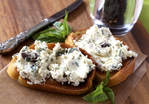 bruschetta with olive basil cheese spread.