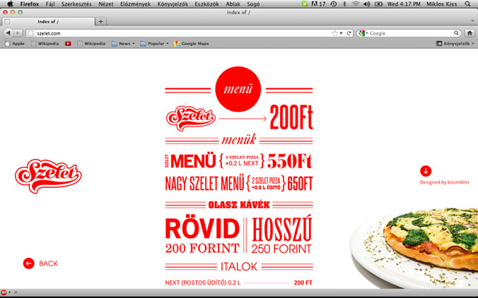 szelet（在英语中是一个“片”的意思）是一个非常小的比萨店，一个专门做比萨饼的。我设计了其身份，室内设计，包装，网页设计。我想选择一个强有力的概念，它可以发展成一家专营店。因此，我选择了一个非常强烈的色彩 – 红 – 一个熟悉的形状，唤起比萨饼店和快餐店的’世界’。
