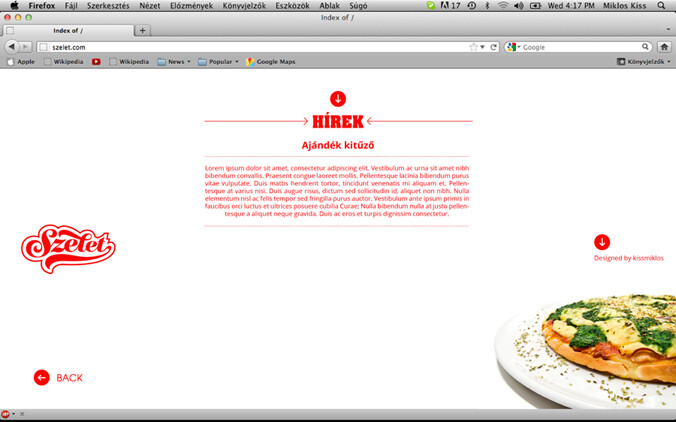 szelet（在英语中是一个“片”的意思）是一个非常小的比萨店，一个专门做比萨饼的。我设计了其身份，室内设计，包装，网页设计。我想选择一个强有力的概念，它可以发展成一家专营店。因此，我选择了一个非常强烈的色彩 – 红 – 一个熟悉的形状，唤起比萨饼店和快餐店的’世界’。