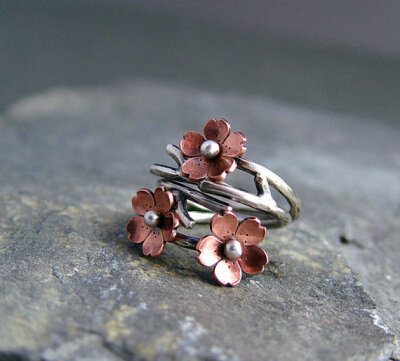 Cherry Blossom Branch Adjustable Ring, Spring Jewelry, Plum Blossom, 1 ring MADE to ORDER, Twig Ring, Branch Ring, POINTED petals