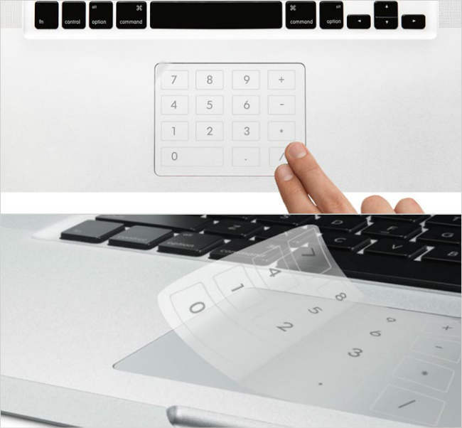 触控板已经成为笔记本电脑的标配，甚至有人预言未来触控板有望取代鼠标。 Gong Huachao和Wang Hui设计了一款概念贴膜键盘，通过一层贴膜把触控板变成一个数字键盘。膜上印有数字和运算符号等，在使用之前需要安装一个小程序，然后通过快捷键在键盘模式和触控板模式之间切换。