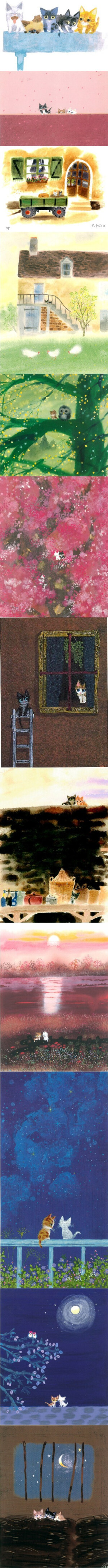 『山猫堂---渡辺あきお』 猫咪们的世界.作者渡边あきお就读于西洋美术研究所，曾参与TBS电视台的布景美术，之后开始创作插画及绘本。擅长描绘楚楚可怜的动物表情，近期也开始创作日本及欧洲的风景画，在世界各地开个人展。（网站：http://t.cn/hqJ73y）