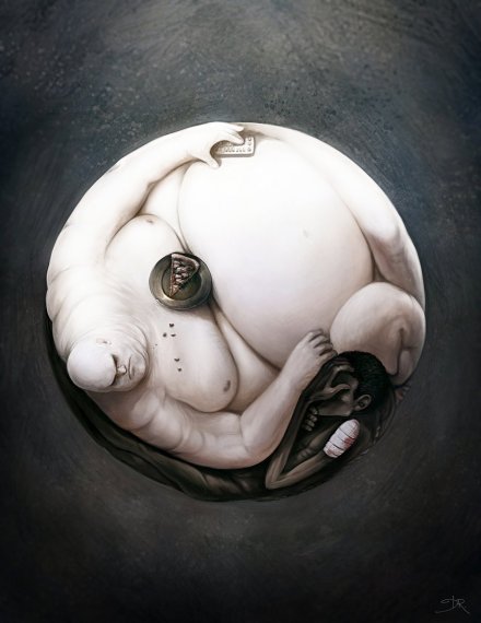 《Yin Yang of World Hunger》（世界饥饿阴阳图），来自法国插画师David Revoy，描述中写道，“世界食物的总量是足以满足所有人的，这幅作品意图展示人类社会在食物分配上的彻底失败”