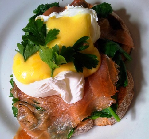 Poached eggs with hollandaise sauce on salmon - The Abbotsford Convent Bakery