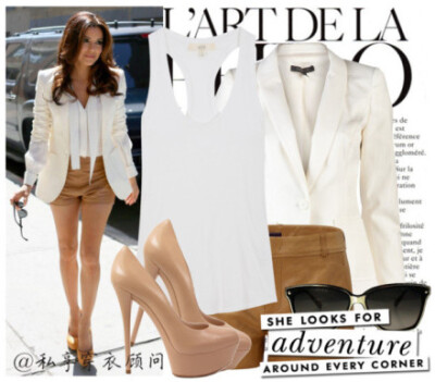 纯白西装：RACHEL ZOE DOBBY SUIT JACKET；短裤：VINCE Pecan；裸色PUMP：Casadei