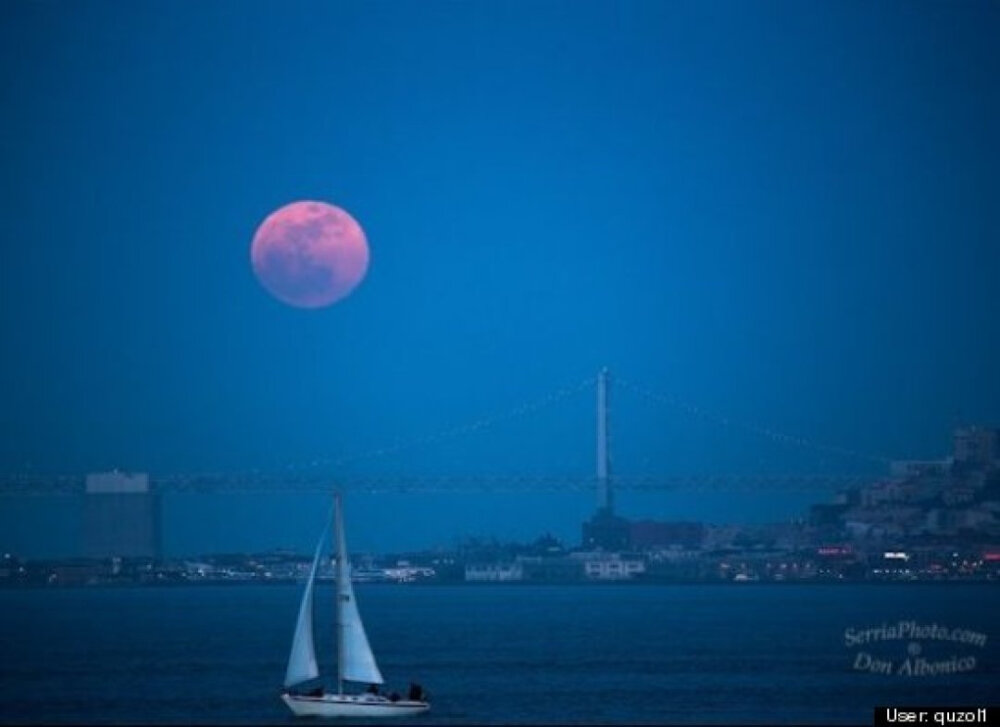 Moonrise over the San Francisco Bay Bridge and Sailboat.