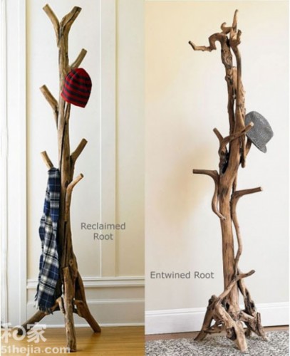 家具移宫换羽 12个树木家装创意设计 将树根与曲折的树枝拼凑打造，做成一根造型古怪的衣帽架，多枝节可以大量收纳日常的衣帽，宛如家中长出的一颗枯树