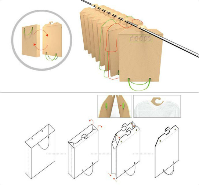 喜欢买衣服的购物狂们家里免不了摆满各种购物袋，并且需要不断购买衣架，把买回来的衣服束之高阁，防止衣服走形。 这款“购物袋衣架”是一个用纸做成的环保购物袋，外表看上去和普通购物袋差不多，但是底部经过特殊设计，上面有两个“钩子”，购物回来之后 这款“购物袋衣架”是一个用纸做成的环保购物袋，外表看上去和普通购物袋差不多，但是底部经过特殊设计，上面有两个“钩子”，购物回来之后，把这个购物袋拆开，然后两个钩子对齐，按一下里面的按扣，这样，购物袋就变成了一个衣架。一举两得。 设计：Chen Hongyu， Tang Ruoqing， Wang Sheng， Zhu Baixuan，Bian Jing