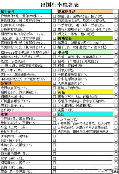 【出国行李准备表】有了这个，你还需要头疼落下什么东西，需要准备什么东西吗？？