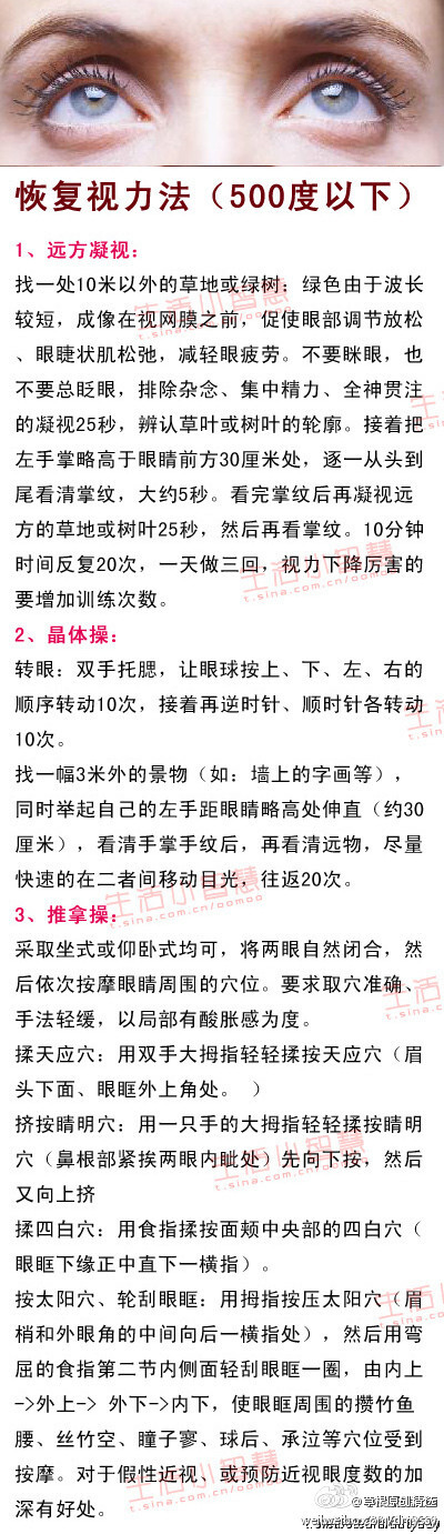 【恢复视力的方法】微博控们，你的眼睛模糊了吗？视力下降了吗？来看看这个吧。适用500度以下哦。。