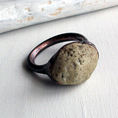 Mens Unisex Copper Ring River Rock Cream Tan Metal Organic Raw Modern Rocker Handmade