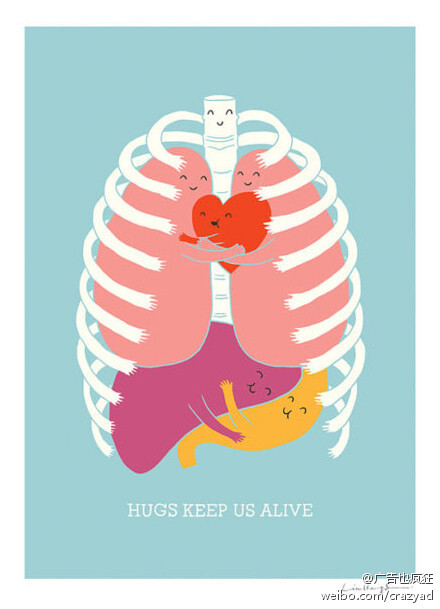 很有爱的插画。Hugs Keep Us Alive.（拥抱让我们活下去）