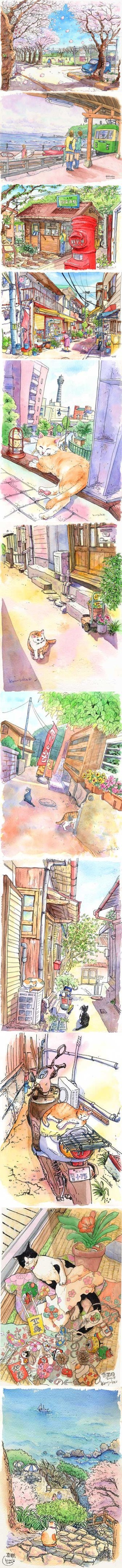 『助久美子的水彩世界』 猫の午后阳光.（网站：http://t.cn/zOhW5Ha）