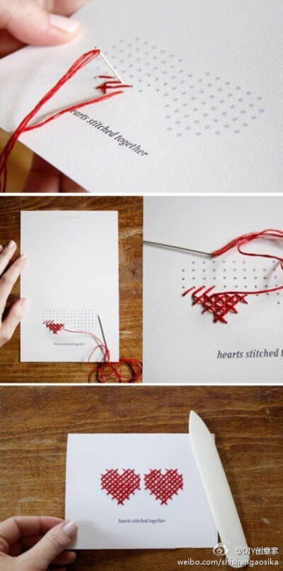 DIY创意卡片，在卡片上打几个孔，用红色的线用十字绣的方法秀成两颗爱心，结婚请柬就做成这样的吧亲~~~