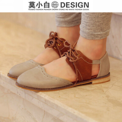 2012 日本订单 复古布洛克 拼色镂空系带英伦平底鞋