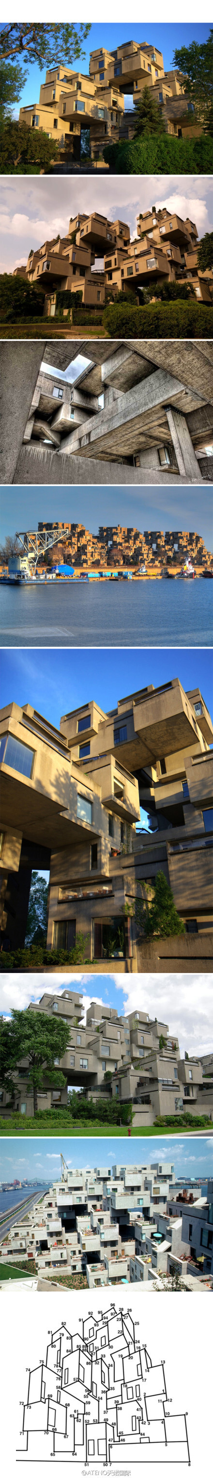 【364个立方体堆积出来的房子——栖息地67】Habitat 67是一座位于加拿大蒙特利尔圣罗伦斯河畔的一个住宅小区，总设计师是加拿大建筑师萨夫迪Moshe Safdie。将每一盒子式的住宅单元都设定为统一的模块，再像集装箱那样以参差错落的形式堆积起来。