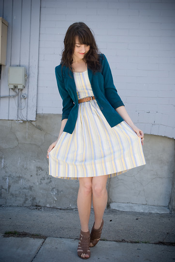 Thrifted Striped Dress, Thrifted Teal Blazer, Forever 21 Wedge Sandals