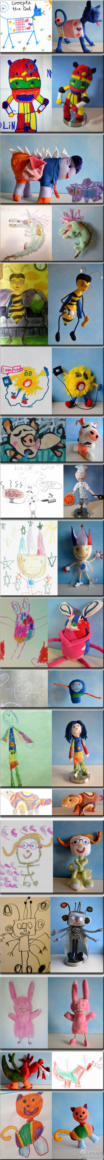 @微博热点：一位母亲把她四岁儿子的涂鸦做成长毛绒玩具。好有爱啊~