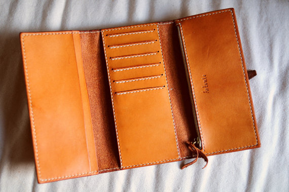 Hand Stitched Light Brown Leather Long Wallet