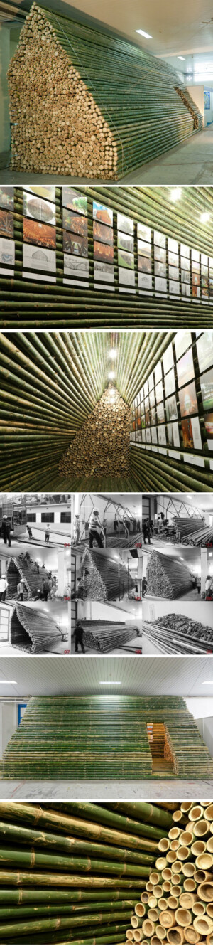 越南建筑师Vo Trong Nghia 非常擅长用竹子建造房子，最近河内举行了『Vietnam Architecture Exhibition 2012』展上，他又用竹子为自己设计了一个作品展厅。via：http://t.cn/zOEn7sH