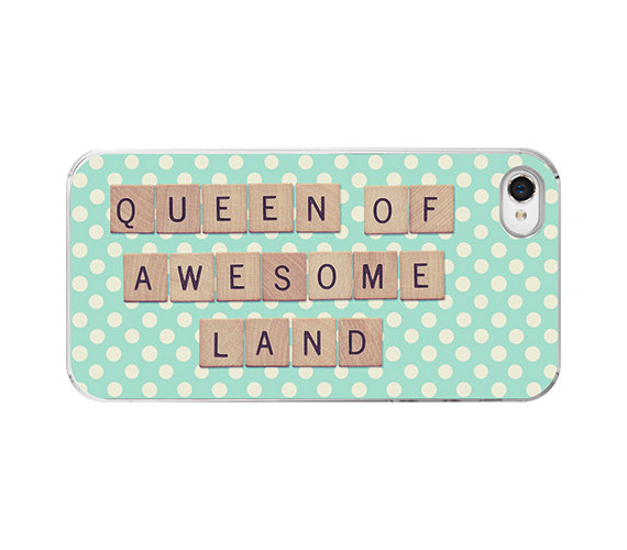 Quote Iphone case - Scrabble Iphone cover - Queen of awesome land - funny girly Iphone case for Iphone 4 and 4s - polka dots - girly