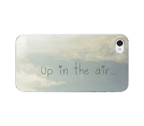 Dreamy Iphone case - Quote Iphone 4 and 4s hard cover - up in the air - clouds sky scene - dreamy girly iphone case - hearts