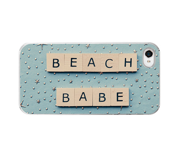 Quote Iphone cover - Iphone 4 4s case - beach babe - blue background with stars - letter tiles quote - girly Iphone cover