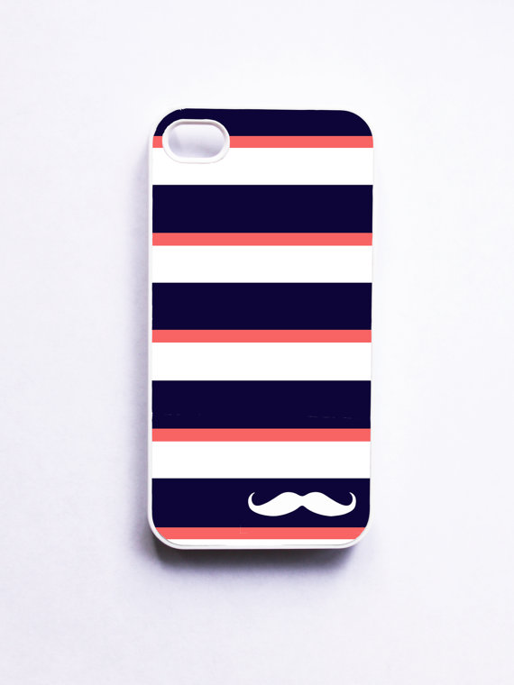 iPhone 4 / 4S Case - Navy &amp; Coral Stripe With Mustache