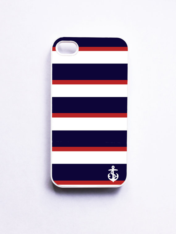 Nautical iPhone Case for Iphone 4 / 4S - Navy &amp; Red Stripe With Anchor