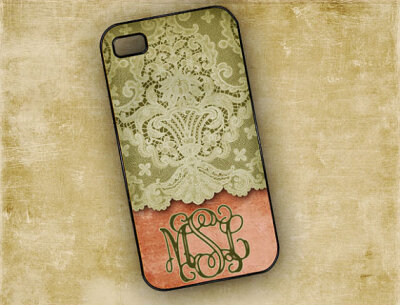 Iphone 4 case 4s cover, personalized pink and green lace, Iphone 4 cover, monogram cell phone case (9619)